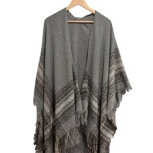 2/$25 Cherie Bliss Open-Front Draped Grey Striped Knit Fringe Poncho Wrap
